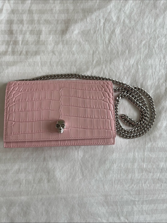 Alexander McQueen Handbags - Alexander McQueen Pink Croc-Embossed Mini Crossbody with Skull Detail